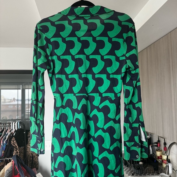 Boden Laura Green and Navy Geometric Print Midi Dress Tie Waist Long Sleeve 6P - Picture 10 of 12